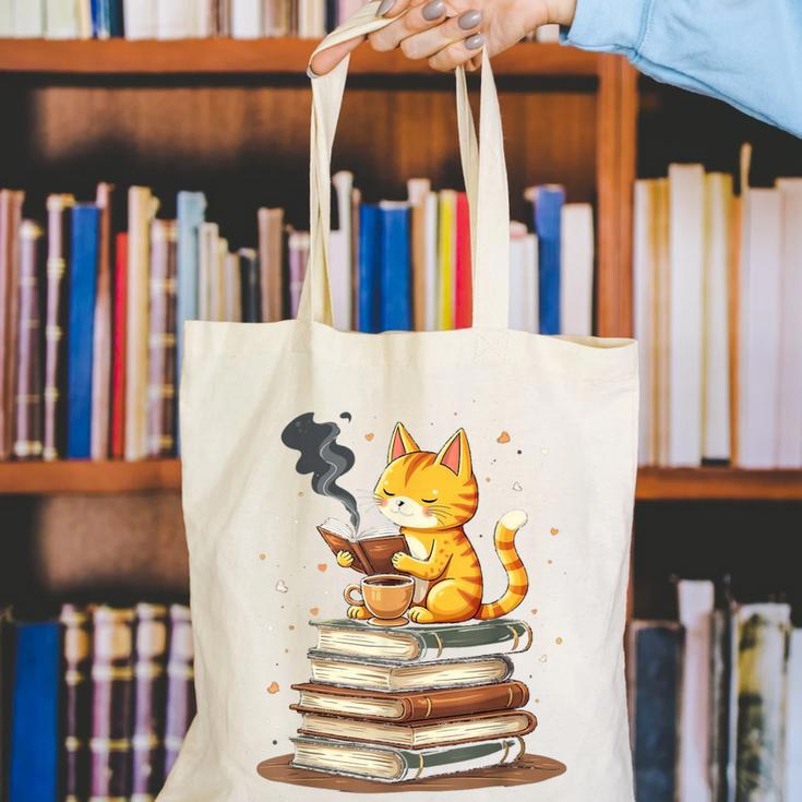 Cat Reading Books Canvas Tote Bag Cat Reading Books Canvas Tote Bag