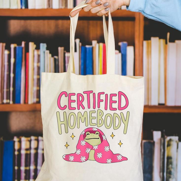 Certified Homebody Trendy Frog Introvert Canvas Tote Bag