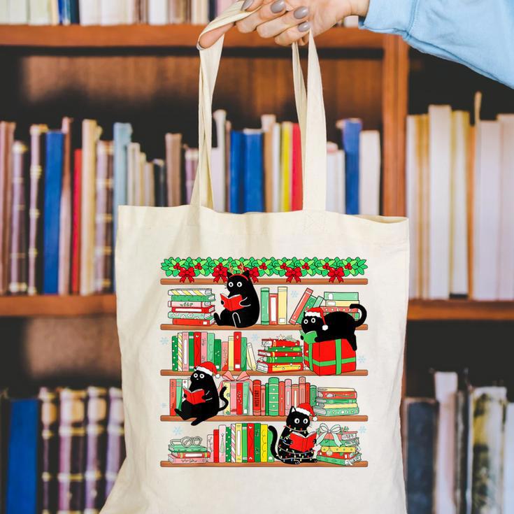 Christmas Cat Santa Bookshelves Book Lover Reader Canvas Tote Bag