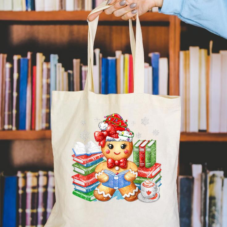 Christmas Gingerbread Man Reading Book Snowflake Teacher Canvas Tote Bag