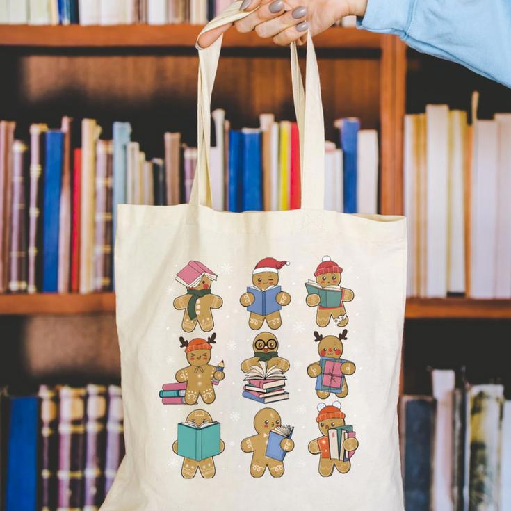 Christmas Library Gingerbread Man Books Lover Bookworm Canvas Tote Bag