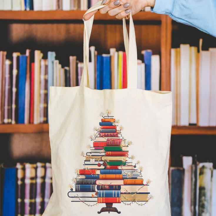 Christmas Tree Book Bookworm Canvas Tote Bag