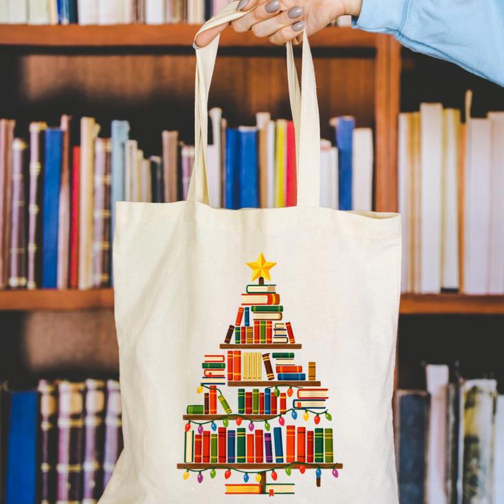 Christmas Tree Bookshelf Book Lover Library Men Women Kids Canvas Tote Bag