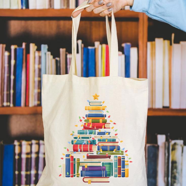 Christmas Tree Made Of Books Librarian Reader Holiday Canvas Tote Bag