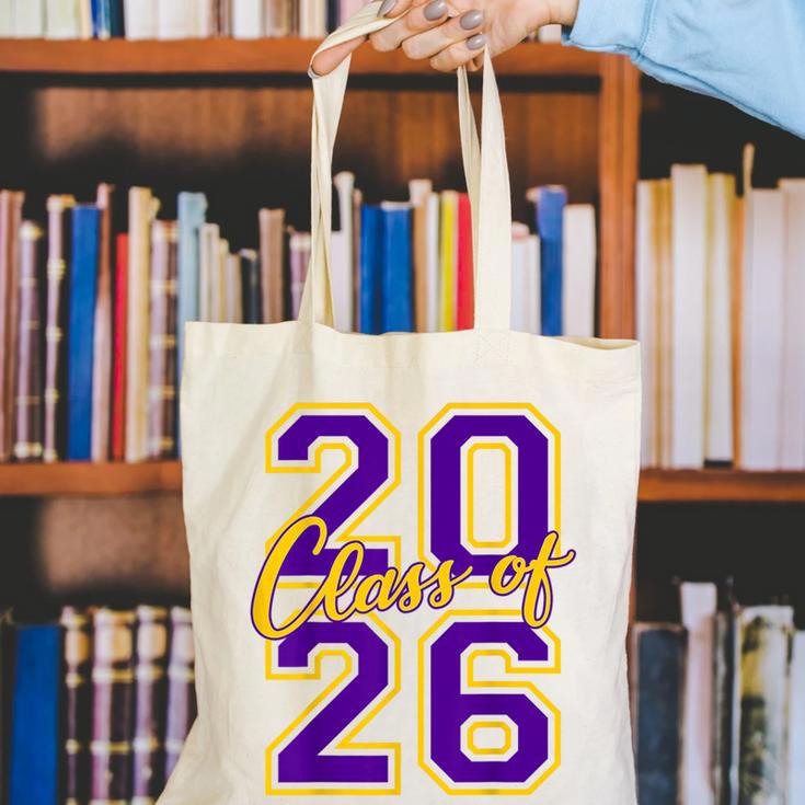 Class Of 2026 Graduation Varsity Purple And Yellow Letters Canvas Tote Bag
