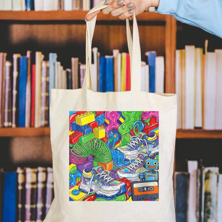 Colorful Kidcore 90s Nostalgia Meme Sneakers Robot Toy Slime Canvas Tote Bag Colorful Kidcore 90s Nostalgia Meme Sneakers Robot Toy Slime Canvas Tote Bag