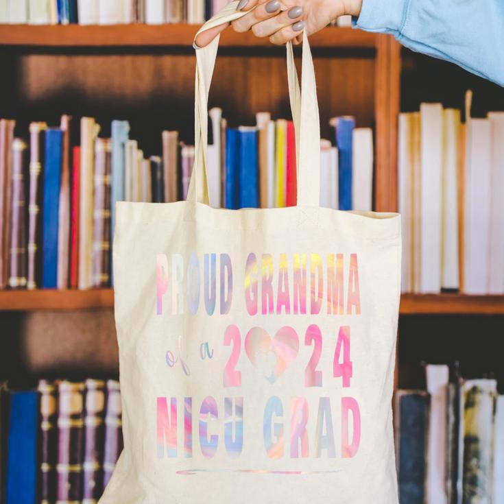 Colorful Proud Grandma 2024 NICU Graduate Baby Graduation Canvas Tote Bag