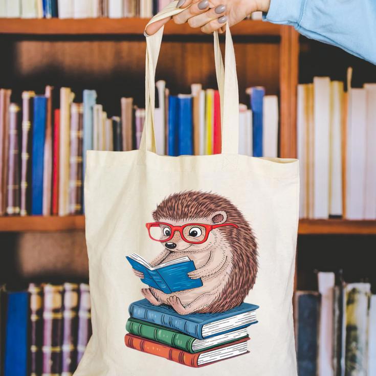 Cool Hedgehog Book Nerd Readers Canvas Tote Bag