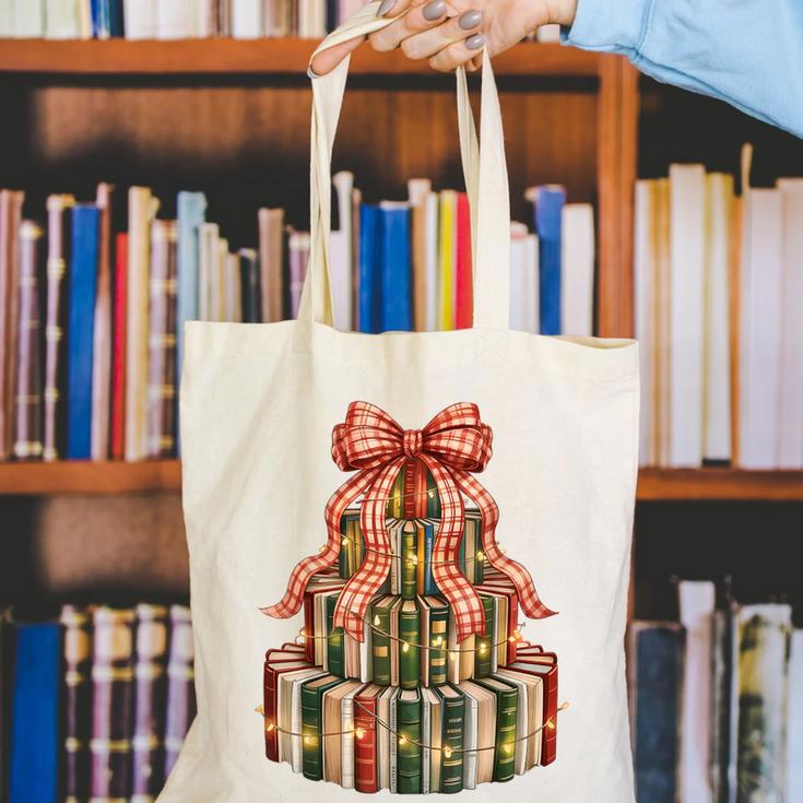 Coquette Christmas Book Tree Xmas Lights Librarian Teacher Canvas Tote Bag
