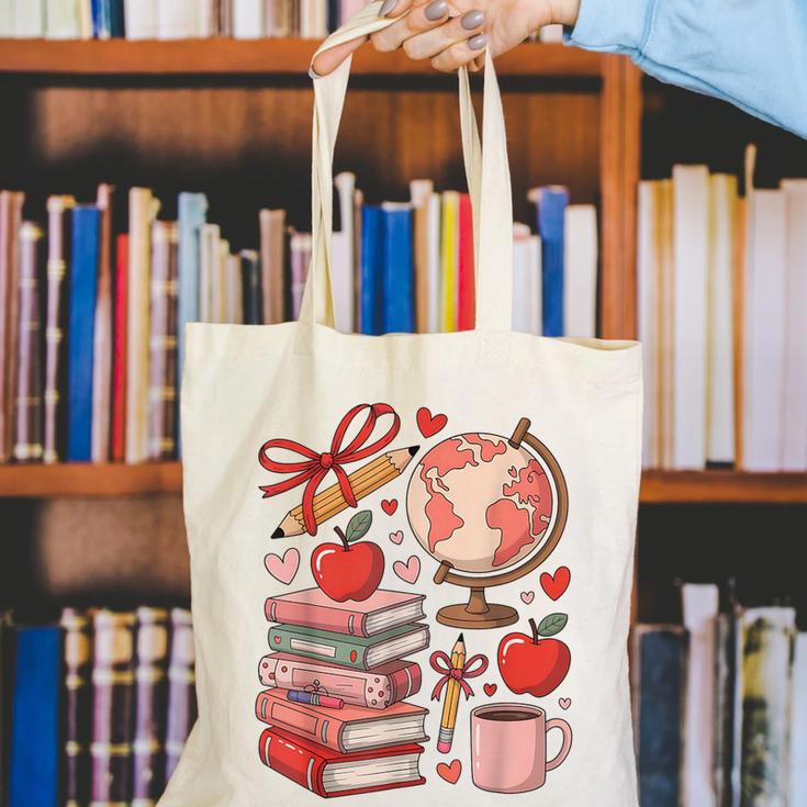 Coquette Teacher School Supplies Bows Books Globe Apple Cute Canvas Tote Bag Coquette Teacher School Supplies Bows Books Globe Apple Cute Canvas Tote Bag