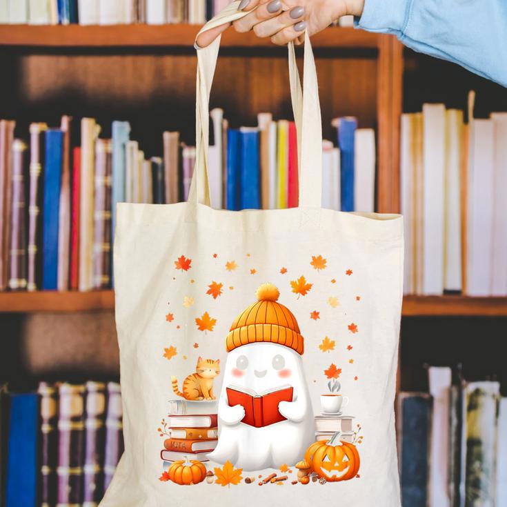 Cute Beanie Ghost Bookworm Cozy Book Reading Halloween Canvas Tote Bag Cute Beanie Ghost Bookworm Cozy Book Reading Halloween Canvas Tote Bag
