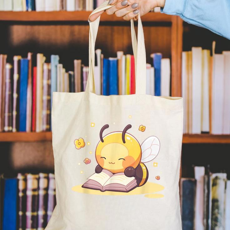 Cute Bee Reading Book Teacher Student Reader Graphic For Men Women Kids Canvas Tote Bag