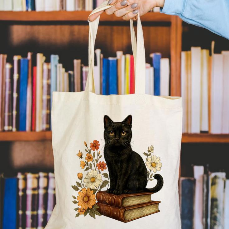 Cute Cat Book Flowers Canvas Tote Bag