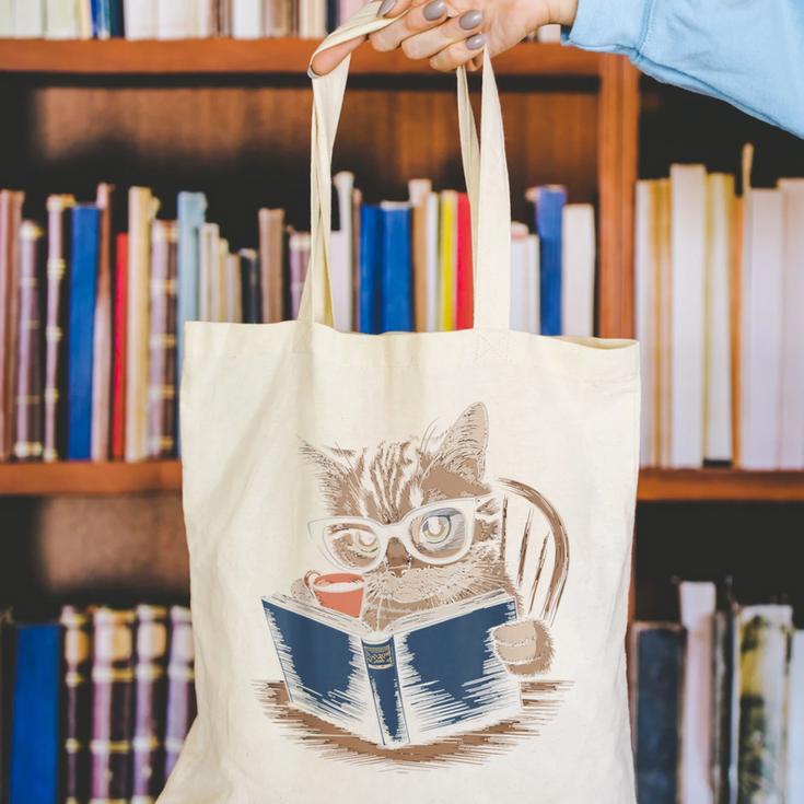 Cute Cat Reading Books With Tea Canvas Tote Bag