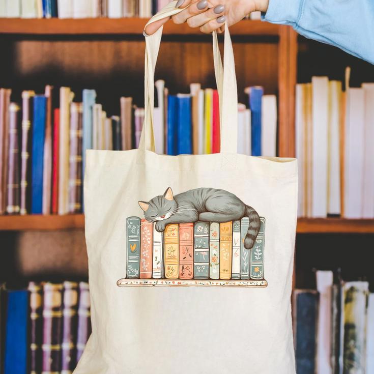Cute Cat Sleeping On Books Canvas Tote Bag