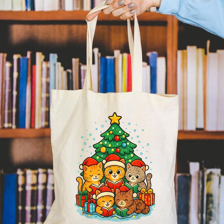 Cute Cats Reading Books Christmas Tree Canvas Tote Bag