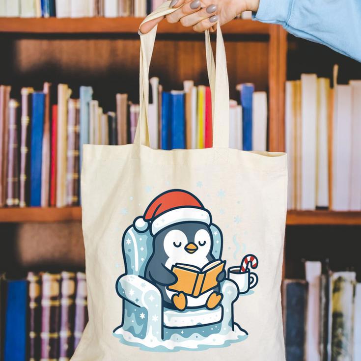 Cute Christmas Penguin Reading Book Cozy Winter Holiday Art Canvas Tote Bag Cute Christmas Penguin Reading Book Cozy Winter Holiday Art Canvas Tote Bag