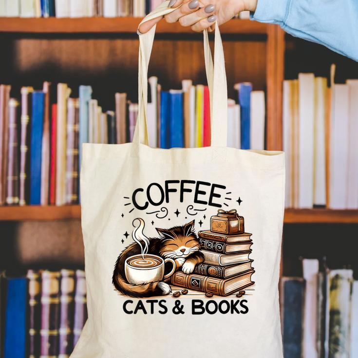 Cute Coffee Cats Books Lover Idea Women Men Kids Canvas Tote Bag Cute Coffee Cats Books Lover Idea Women Men Kids Canvas Tote Bag