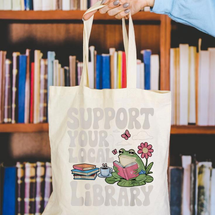 Cute Frog Support Your Local Library Librarian Book Lover Canvas Tote Bag