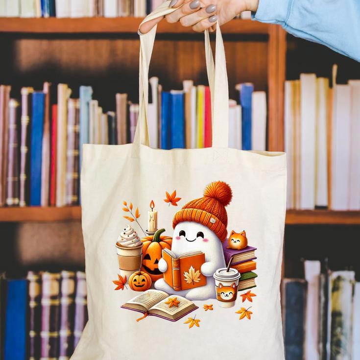 Cute Ghost Reading Book Lovers Halloween Pumpkin Women Girls Canvas Tote Bag
