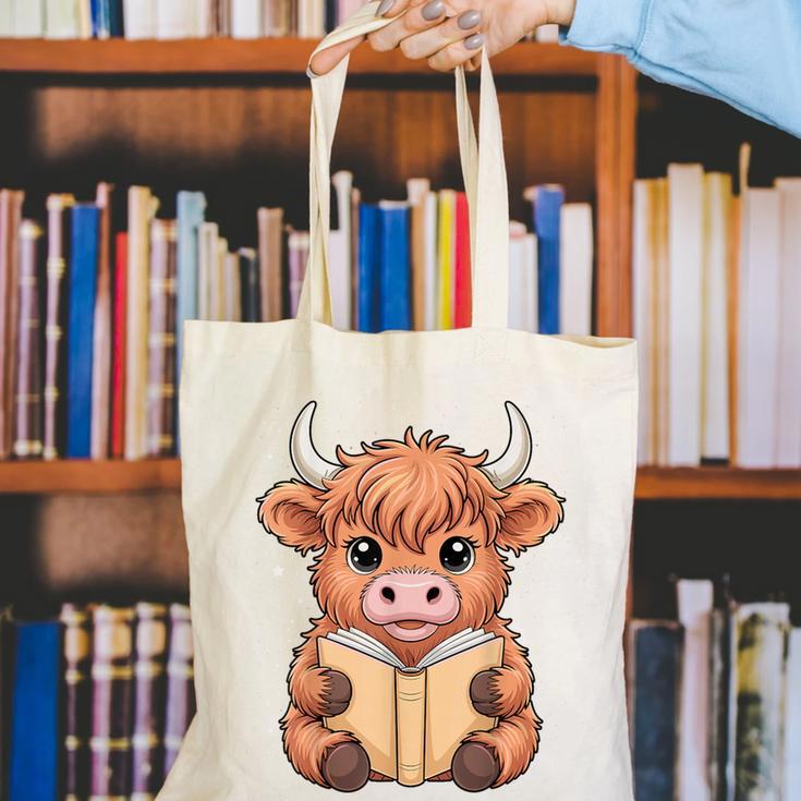 Cute Highland Cow Reading Book Canvas Tote Bag Cute Highland Cow Reading Book Canvas Tote Bag