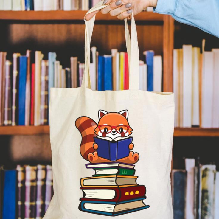 Cute Kawaii Kids Reading Books Glasses Red Panda Lover Canvas Tote Bag