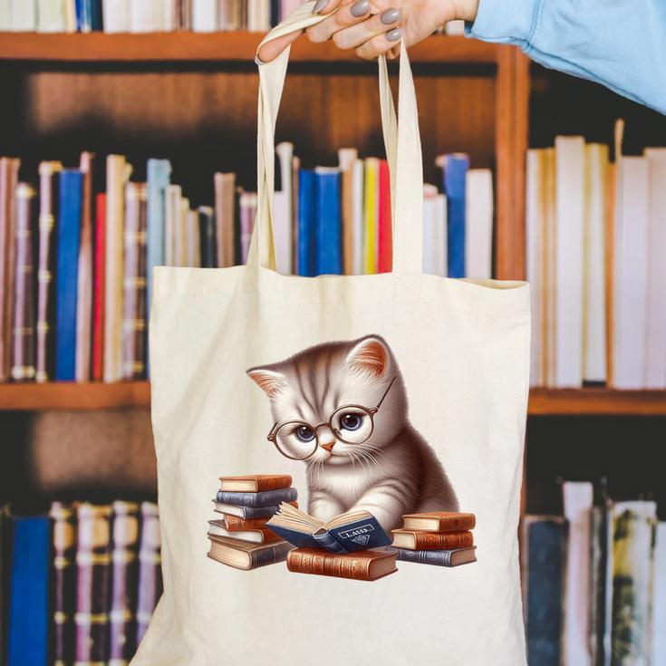 Cute Kitten Bookworm Adorable Cat With Glasses Reading Book Canvas Tote Bag