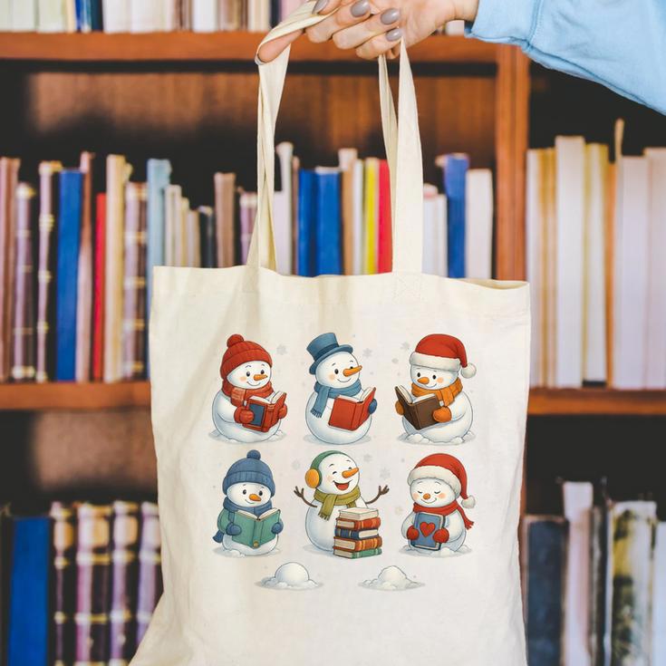 Cute Snowman Reading Books Christmas Winter Book Lover Canvas Tote Bag