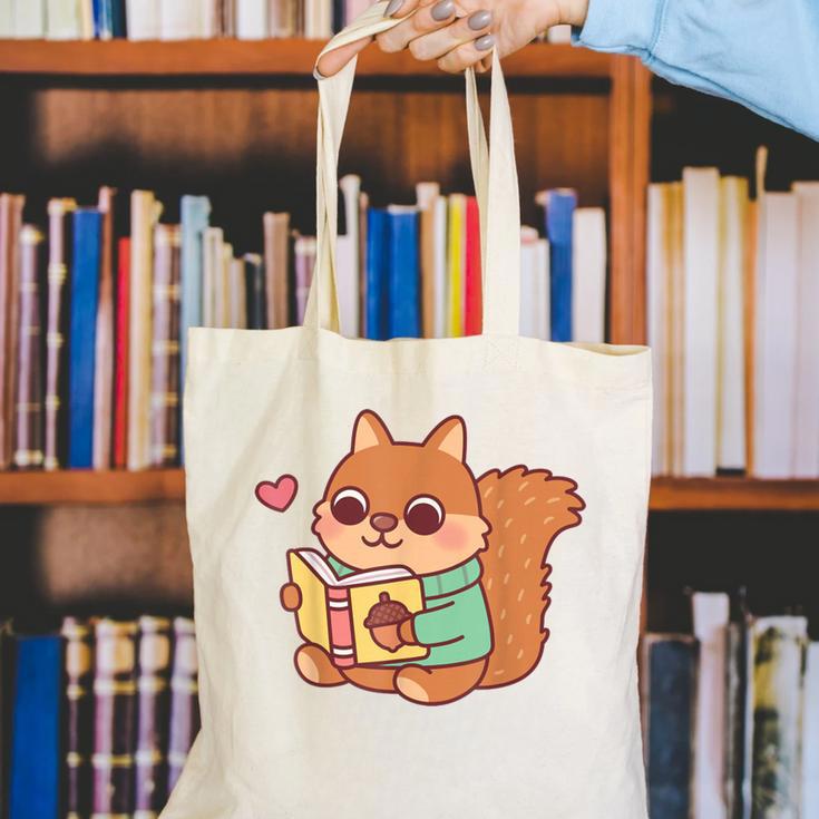 Cute Squirrel Reading A Book Lovers Anime Kawaii Women Kids Canvas Tote Bag Cute Squirrel Reading A Book Lovers Anime Kawaii Women Kids Canvas Tote Bag
