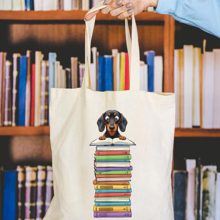 Cute Wiener Dog Dachshund Reading On Pile Of Books Canvas Tote Bag
