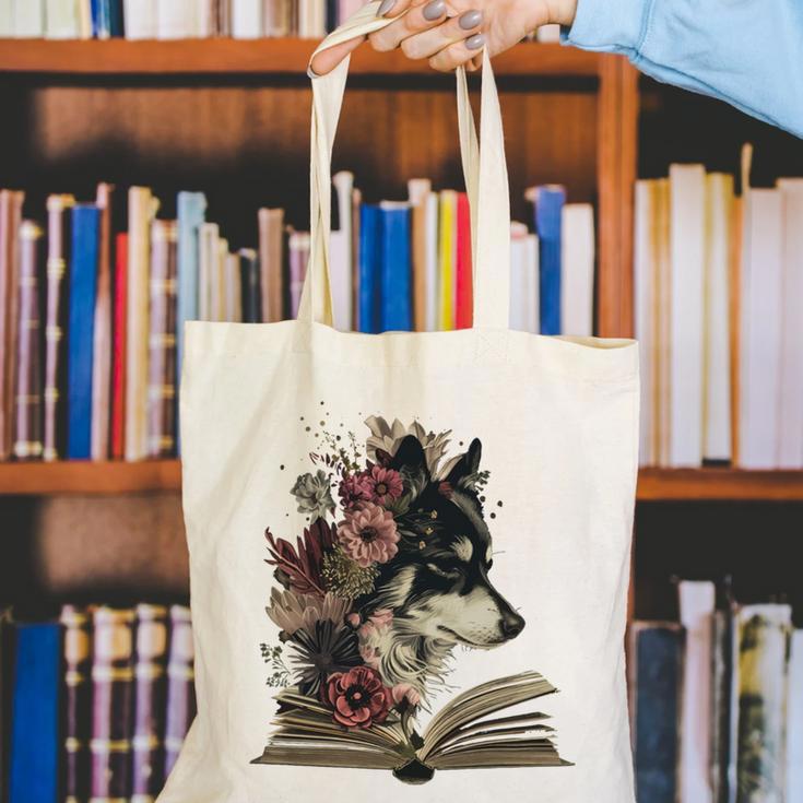 Dog Book Flower Canvas Tote Bag