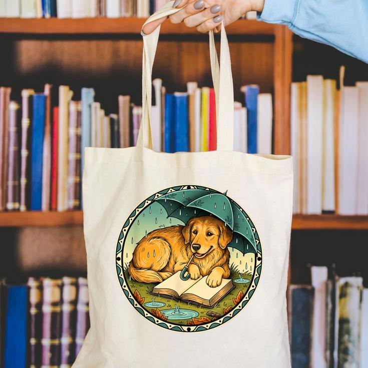 Dog Reading Book Rain Cozy Umbrella Cute Art Men Canvas Tote Bag Dog Reading Book Rain Cozy Umbrella Cute Art Men Canvas Tote Bag