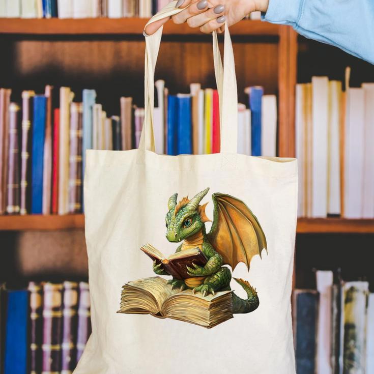Dragon Bookworm Reading Book Graphic Canvas Tote Bag