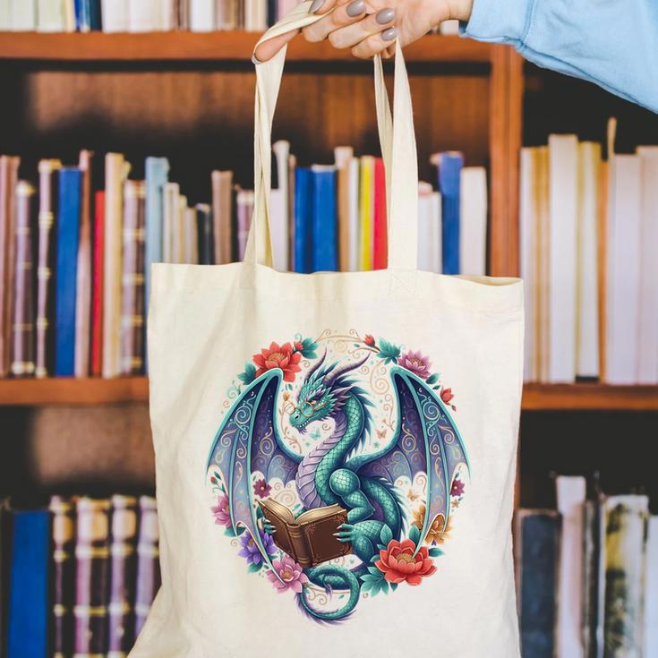 Dragon Reading Book Girls Kids Bookworm Book Lover Canvas Tote Bag