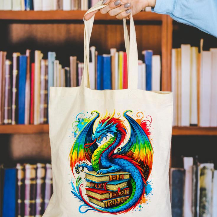 Dragon Reading Colorful Fantasy Book Lover Canvas Tote Bag