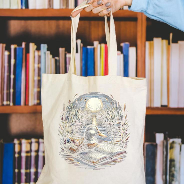 Duck Reading Book Full Moon Lake Scenery Canvas Tote Bag