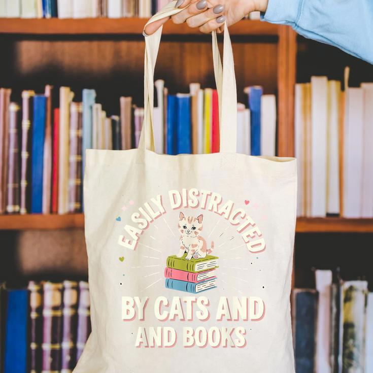 Easily Distracted By Cats & Books Tee Reader Book Worm Canvas Tote Bag