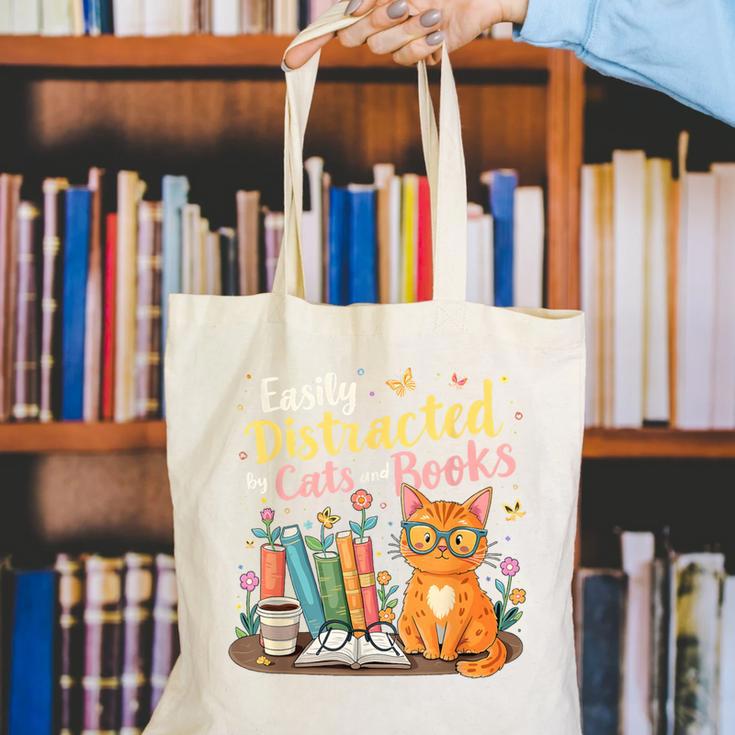 Easily Distracted By Cats And Books Book & Cat Lover Canvas Tote Bag