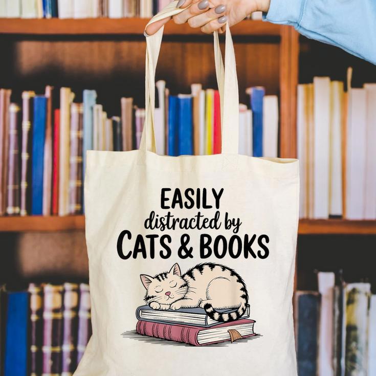 Easily Distracted By Cats And Books Cute Book Lover Canvas Tote Bag