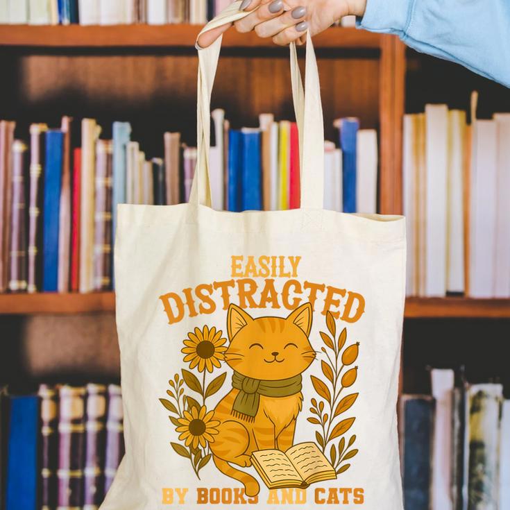 Easily Distracted By Cats And Books Cute Cat Book Lover Canvas Tote Bag