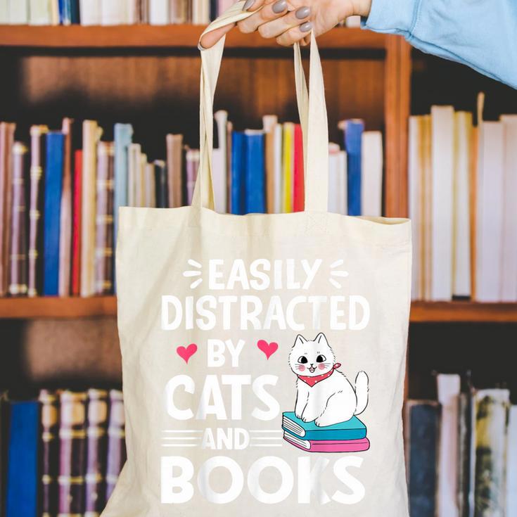Easily Distracted By Cats And Books Cute Cat And Book Lovers Canvas Tote Bag