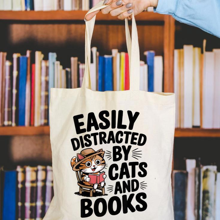 Easily Distracted By Cats And Books Lovers Reading Canvas Tote Bag Easily Distracted By Cats And Books Lovers Reading Canvas Tote Bag