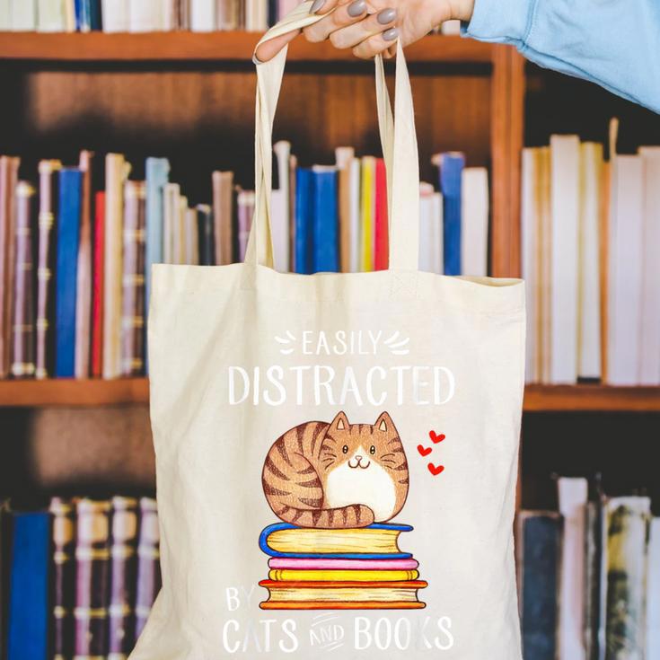 Easily Distracted By Cats And Books Reading Lover Bookish Canvas Tote Bag Easily Distracted By Cats And Books Reading Lover Bookish Canvas Tote Bag