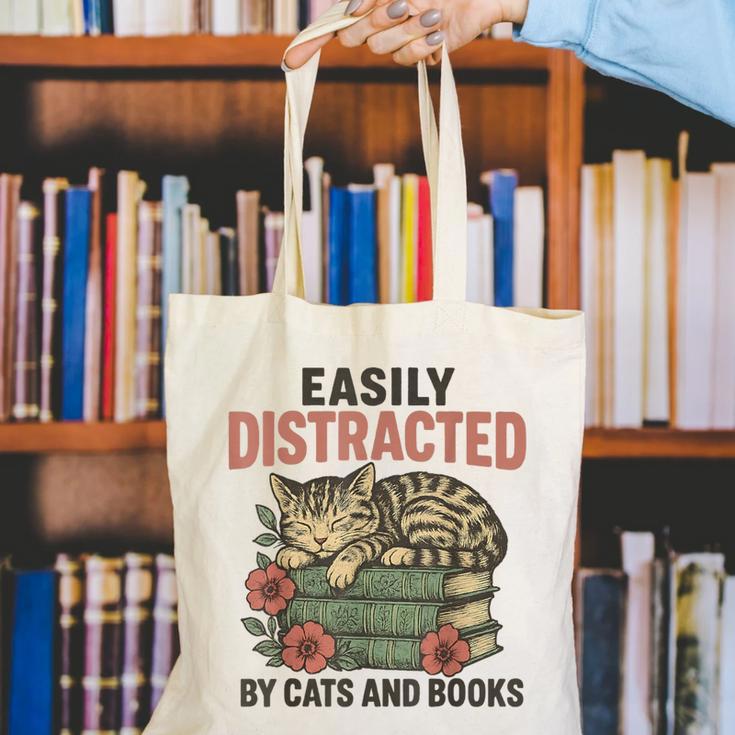 Easily Distracted By Cats And Books Vintage Canvas Tote Bag