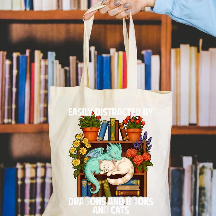 Easily Distracted By Dragons Books Cats Fantasy Book Lover Canvas Tote Bag