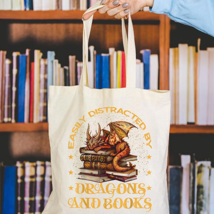 Easily Distracted By Dragons And Books Fantasy Book Lover Canvas Tote Bag Easily Distracted By Dragons And Books Fantasy Book Lover Canvas Tote Bag