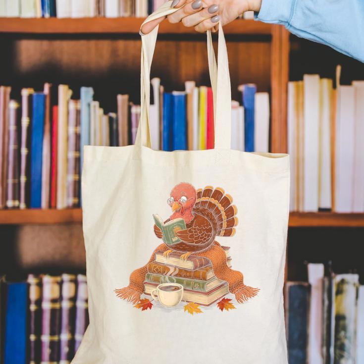 Fall Book Vintage Turkey Thanksgiving Reading Book Lovers Canvas Tote Bag Fall Book Vintage Turkey Thanksgiving Reading Book Lovers Canvas Tote Bag