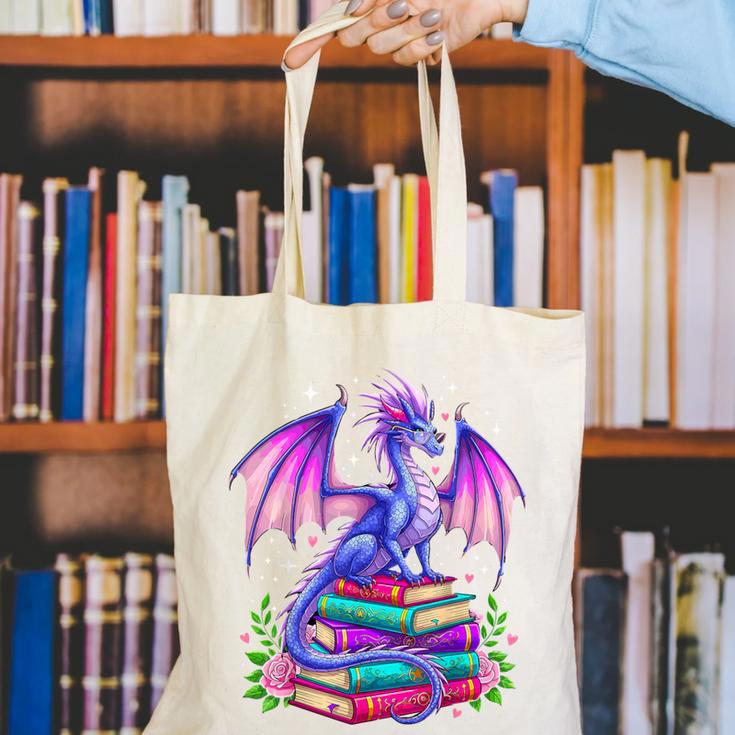 Fantasy Dragon Reading Books Bookworm Canvas Tote Bag