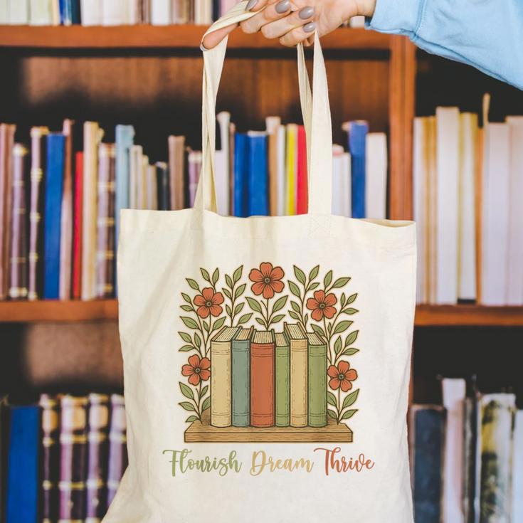 Flourish Dream Thrive Resist 84 67 Book Reading Nature Lover Canvas Tote Bag