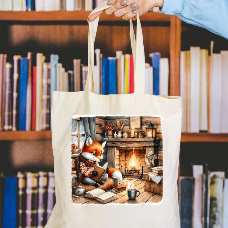 Fox Reads By Fireplace In Cabin Rustic Book Cozy Cup Tea Canvas Tote Bag